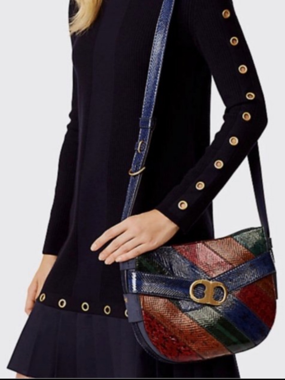 Multicolor Striped Leather Crossbody Bag - Navy Trim